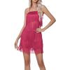 imageLYANER Womens Sexy Two Piece Outfit Fringe Sleeveless Cami and Short Skirt SetsRose