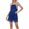 imageLYANER Womens Sexy Two Piece Outfit Fringe Sleeveless Cami and Short Skirt SetsRoyal Blue