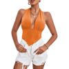 imageLYANER Womens Deep V Neck Halter Tie Back Sleeveless Asymmetrical Backless Cami Crop TopOrange