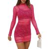 imageLYANER Womens Mesh Dress Long Sleeve Bodycon 3 Piece Outfits with Cami ShortsGlitter Rose