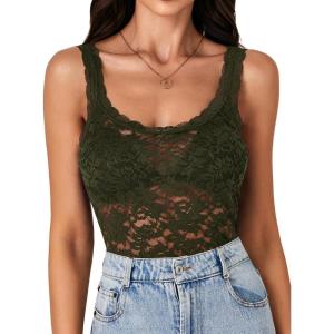 imageLYANER Womens Floral Lace Scallop Spaghetti Strap Sleeveless Sheer Tank Cami Top BlouseArmy Green