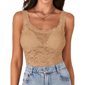 imageLYANER Womens Floral Lace Scallop Spaghetti Strap Sleeveless Sheer Tank Cami Top BlouseKhaki
