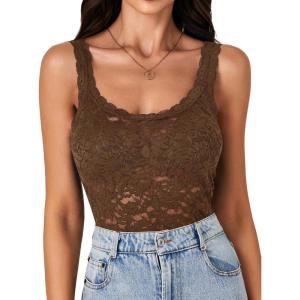 imageLYANER Womens Floral Lace Scallop Spaghetti Strap Sleeveless Sheer Tank Cami Top BlouseLight Brown