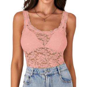 imageLYANER Womens Floral Lace Scallop Spaghetti Strap Sleeveless Sheer Tank Cami Top BlouseLight Pink