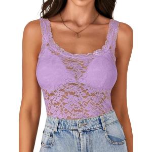 imageLYANER Womens Floral Lace Scallop Spaghetti Strap Sleeveless Sheer Tank Cami Top BlouseLight Purple