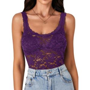 imageLYANER Womens Floral Lace Scallop Spaghetti Strap Sleeveless Sheer Tank Cami Top BlousePurple