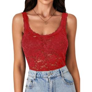 imageLYANER Womens Floral Lace Scallop Spaghetti Strap Sleeveless Sheer Tank Cami Top BlouseRed