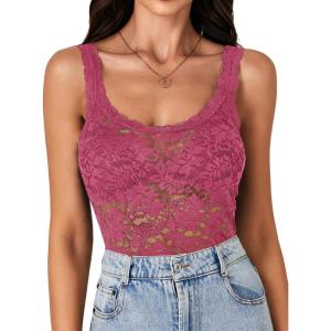 imageLYANER Womens Floral Lace Scallop Spaghetti Strap Sleeveless Sheer Tank Cami Top BlouseRose