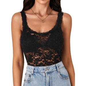 imageLYANER Womens Floral Lace Scallop Spaghetti Strap Sleeveless Sheer Tank Cami Top BlouseSolid Black