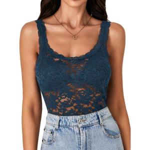 imageLYANER Womens Floral Lace Scallop Spaghetti Strap Sleeveless Sheer Tank Cami Top BlouseTeal Blue