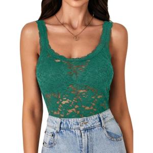 imageLYANER Womens Floral Lace Scallop Spaghetti Strap Sleeveless Sheer Tank Cami Top BlouseTurquoise