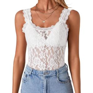 imageLYANER Womens Floral Lace Scallop Spaghetti Strap Sleeveless Sheer Tank Cami Top BlouseWhite