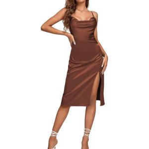 imageLYANER Womens Satin Drape Cowl Neck Sleeveless Strappy Cami Split Slit Party Midi DressBrown