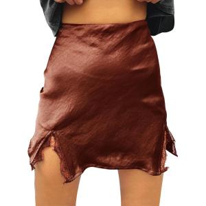 imageLYANER Womens Satin Lace Trim Split Slit Hem Zipper High Wasit Mini Short SkirtRust Brown