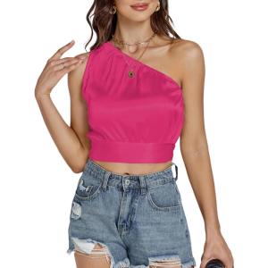 imageLYANER Womens Sexy Satin One Shoulder Tie Back Knot Sleeveless Crop Top Cami TankRose