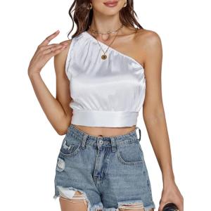 imageLYANER Womens Sexy Satin One Shoulder Tie Back Knot Sleeveless Crop Top Cami TankWhite