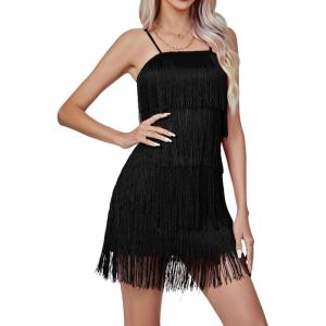 imageLYANER Womens Sexy Two Piece Outfit Fringe Sleeveless Cami and Short Skirt SetsBlack