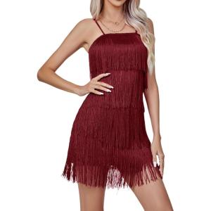imageLYANER Womens Sexy Two Piece Outfit Fringe Sleeveless Cami and Short Skirt SetsBurgundy