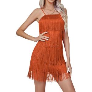 imageLYANER Womens Sexy Two Piece Outfit Fringe Sleeveless Cami and Short Skirt SetsBurnt Orange