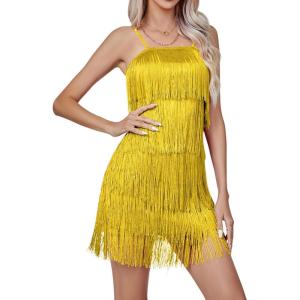 imageLYANER Womens Sexy Two Piece Outfit Fringe Sleeveless Cami and Short Skirt SetsYellow