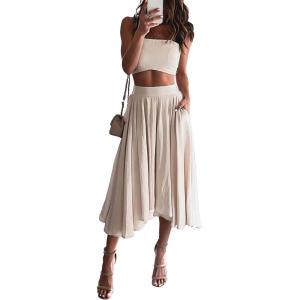 imageLYANER Womens Two Pieces Croped Cami Top and Elastic Waist Midi Skirt SetsBeige