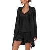 imageLYANER Womens 3pcs Sleepwear Silk Satin V Neck Lace Trim Cami Top and Shorts Pajama Set with RobeBlack