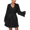imageLYANER Womens 3pcs Sleepwear Silk Satin V Neck Lace Trim Cami Top and Shorts Pajama Set with RobeBlack