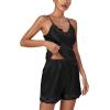 imageLYANER Womens 3pcs Sleepwear Silk Satin V Neck Lace Trim Cami Top and Shorts Pajama Set with RobeBlack