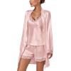 imageLYANER Womens 3pcs Sleepwear Silk Satin V Neck Lace Trim Cami Top and Shorts Pajama Set with RobePink