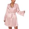 imageLYANER Womens 3pcs Sleepwear Silk Satin V Neck Lace Trim Cami Top and Shorts Pajama Set with RobePink