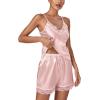 imageLYANER Womens 3pcs Sleepwear Silk Satin V Neck Lace Trim Cami Top and Shorts Pajama Set with RobePink