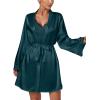 imageLYANER Womens 3pcs Sleepwear Silk Satin V Neck Lace Trim Cami Top and Shorts Pajama Set with RobeTeal Blue