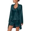 imageLYANER Womens 3pcs Sleepwear Silk Satin V Neck Lace Trim Cami Top and Shorts Pajama Set with RobeTeal Blue