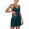 imageLYANER Womens 3pcs Sleepwear Silk Satin V Neck Lace Trim Cami Top and Shorts Pajama Set with RobeTeal Blue