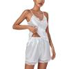 imageLYANER Womens 3pcs Sleepwear Silk Satin V Neck Lace Trim Cami Top and Shorts Pajama Set with RobeWhite