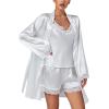 imageLYANER Womens 3pcs Sleepwear Silk Satin V Neck Lace Trim Cami Top and Shorts Pajama Set with RobeWhite