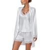 imageLYANER Womens 3pcs Sleepwear Silk Satin V Neck Lace Trim Cami Top and Shorts Pajama Set with RobeWhite