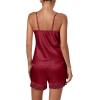 imageLYANER Womens 3pcs Sleepwear Silk Satin V Neck Lace Trim Cami Top and Shorts Pajama Set with RobeWine Red