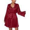 imageLYANER Womens 3pcs Sleepwear Silk Satin V Neck Lace Trim Cami Top and Shorts Pajama Set with RobeWine Red
