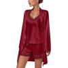 imageLYANER Womens 3pcs Sleepwear Silk Satin V Neck Lace Trim Cami Top and Shorts Pajama Set with RobeWine Red