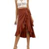 imageLYANER Womens Boho Floral Print Wrap Front Self Tie Knots Ruffle Hem Split Midi SkirtSolid Brown