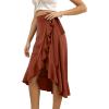 imageLYANER Womens Boho Floral Print Wrap Front Self Tie Knots Ruffle Hem Split Midi SkirtSolid Brown