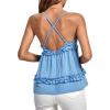 imageLYANER Womens Deep V Neck Peplum Ruffle Trim Spaghetti Straps Crisscross Backless Babydoll Cami Tank TopsBlue
