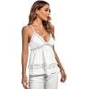 imageLYANER Womens Deep V Neck Peplum Ruffle Trim Spaghetti Straps Crisscross Backless Babydoll Cami Tank TopsWhite