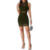 imageLYANER Womens Mesh Ruched Mock Neck Bodycon Sheer Dress 3 Piece Outfits Cami ShortsArmy Green