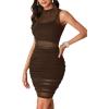 imageLYANER Womens Mesh Ruched Mock Neck Bodycon Sheer Dress 3 Piece Outfits Cami ShortsDark Brown