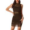 imageLYANER Womens Mesh Ruched Mock Neck Bodycon Sheer Dress 3 Piece Outfits Cami ShortsDark Brown