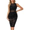 imageLYANER Womens Mesh Ruched Mock Neck Bodycon Sheer Dress 3 Piece Outfits Cami ShortsStar Black