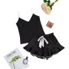 imageLYANER Womens Satin Silk 2pcs Set Pajamas V Neck Cami Top With Self Tie Shorts Pj Sst SleepwearBlack