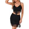 imageLYANER Womens Sexy 2 Piece Outfit Fringe Deep V Neck Sleeveless Cami and Short Skirt SetsBlack